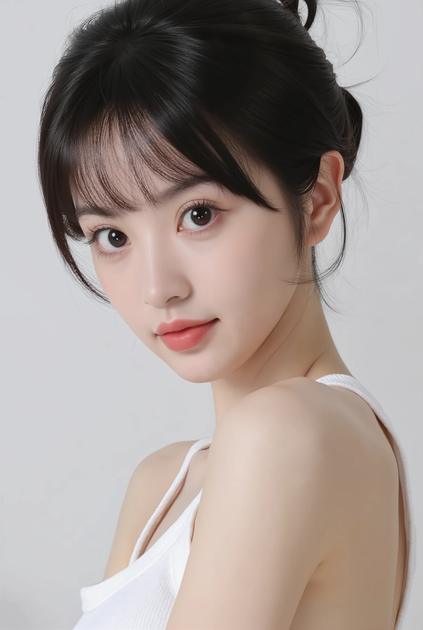 Delicate facial features，pretty face，super detailed details,  short hair，Tank top，portrait，ID Photo Style ，
