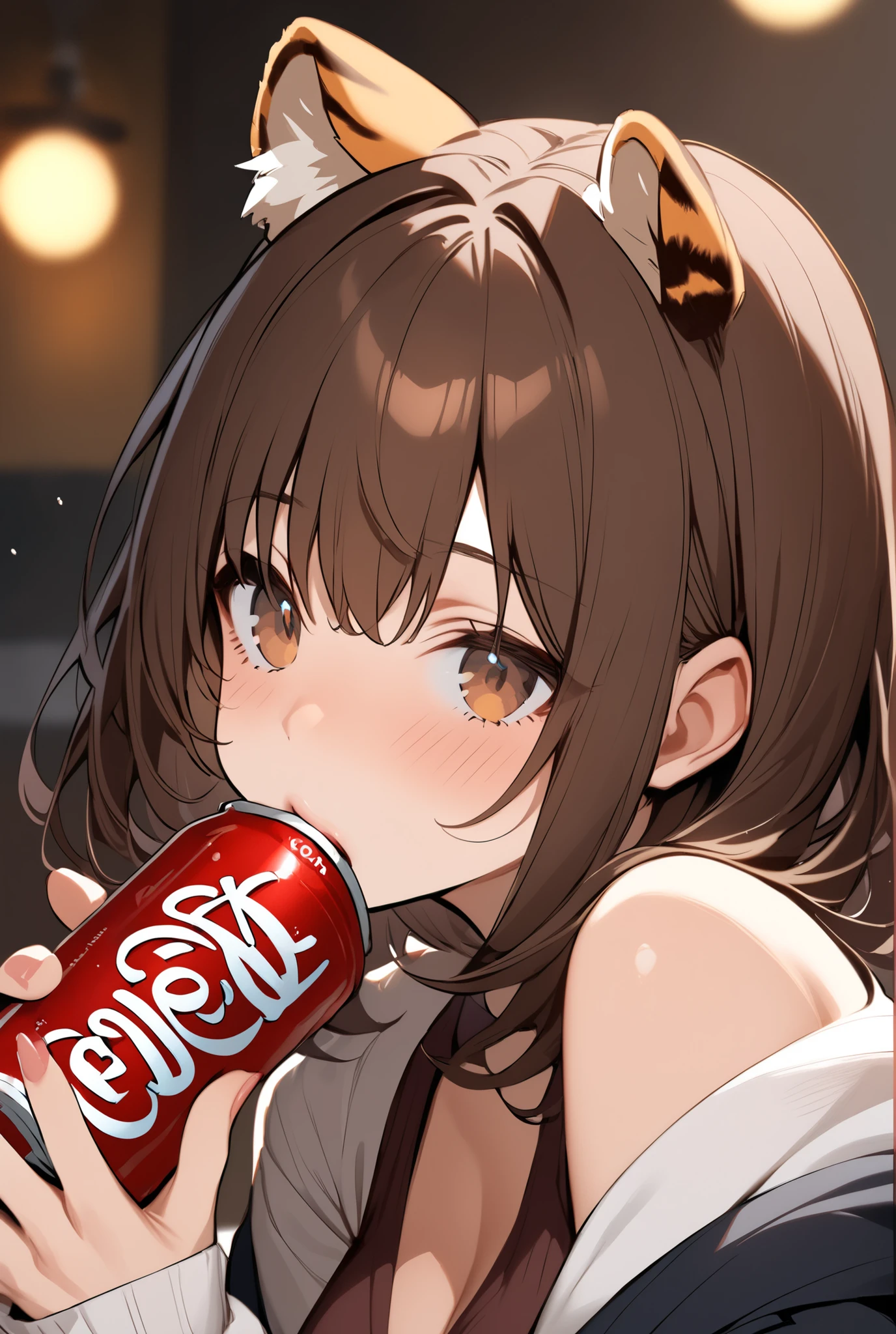 dark brown hair that also sucks Tiger ears I'm drinking cola