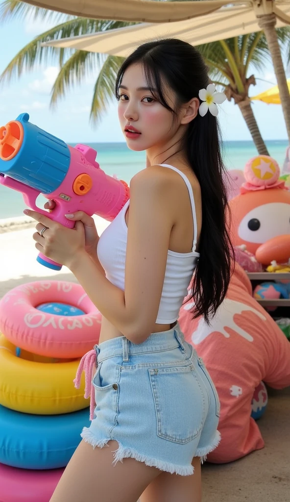 (female:1.2) (bodybuilder:0.8), hyper realistic, masterpiece, photorealistic, real skin, detailed face, detailed skin, detailed lighting, 1girl, (blue eyes), large breasts, bikini, long hair, black hair, red lips, blush face, Dolphin balloon doll, beach background