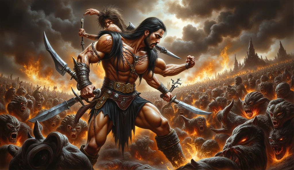 Barbarian warrior, full of blood, holding two axes, attack position
