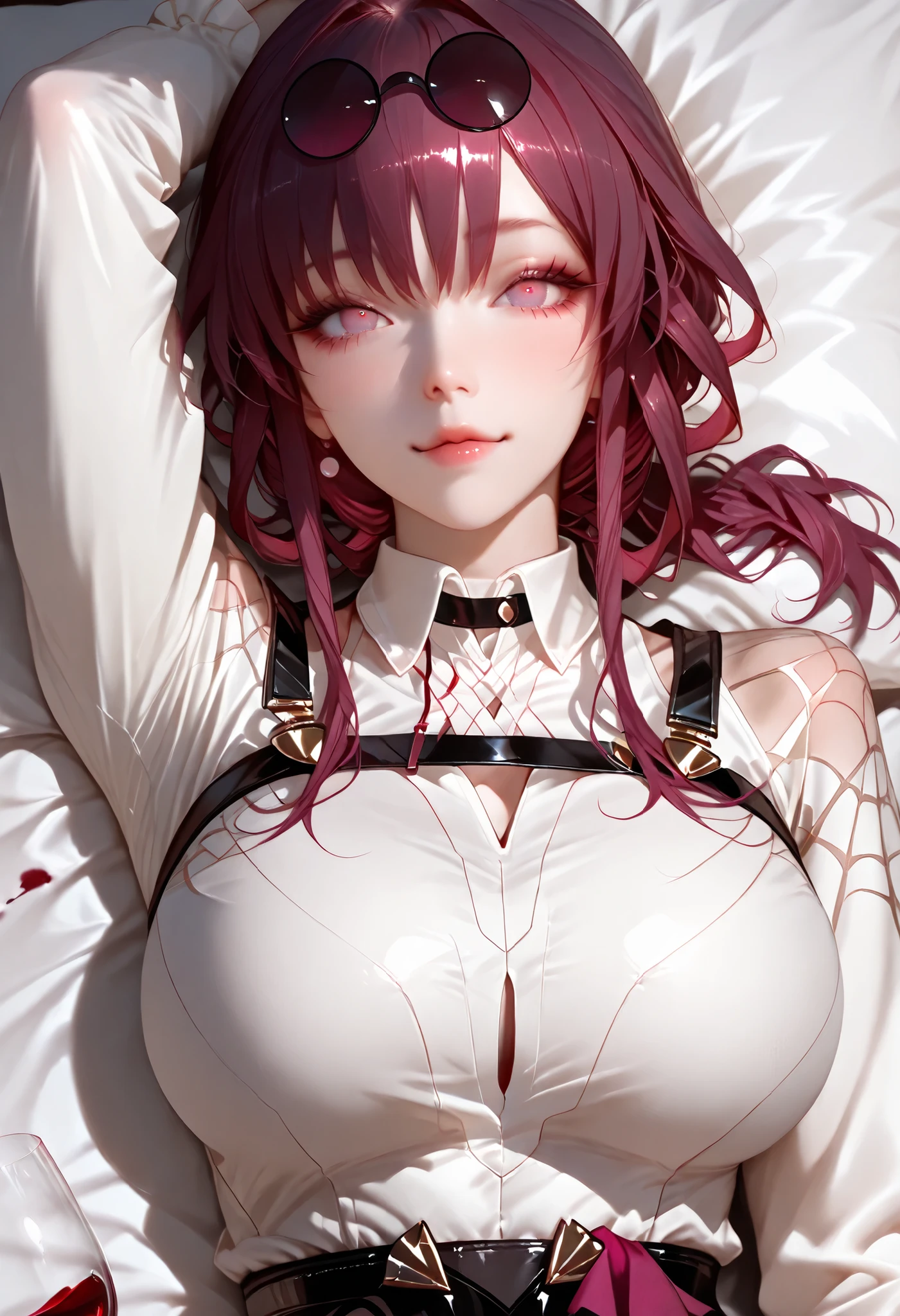 ultra detailed realistic busty kafka half body, red wine hair, red wine color eyes, sexy white shirt kafka outfit, background, ray tracing, kafka ponytail hair, lie on the bed, perfect cute face, cute pose sexy,