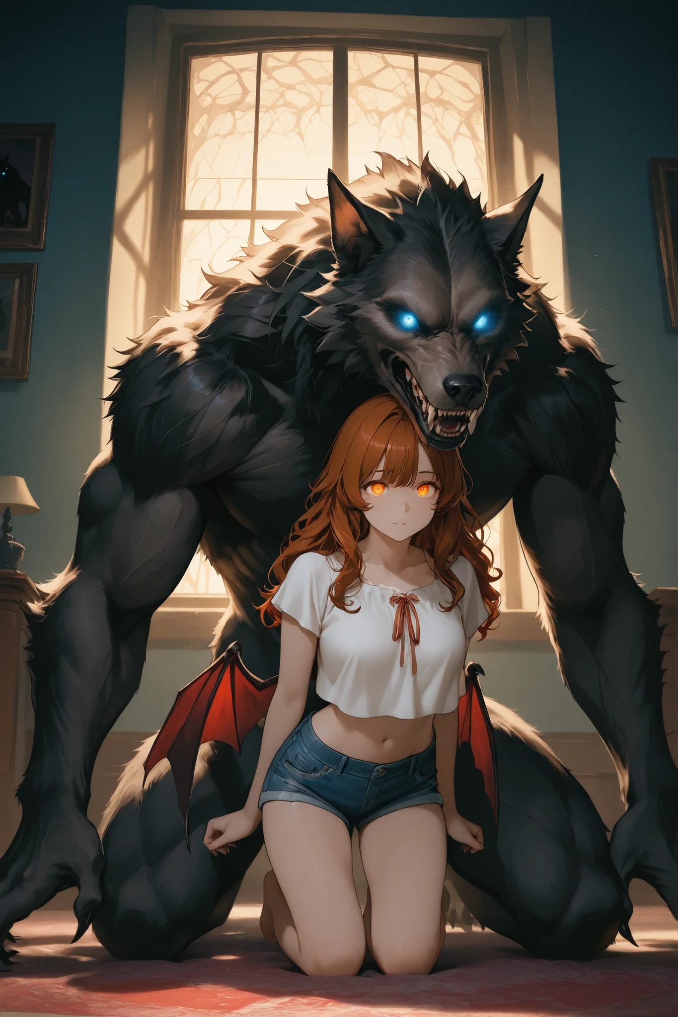 A kneeling figure with long, wavy auburn hair, wearing white crop top and blue denim shorts, is embraced by a large, menacing werewolf creature with glowing eyes. The creature has dark fur, sharp claws, and bat-like wings, adding a fantasy or horror element to the scene. The figure holds a teddy, creating an intriguing contrast between innocence and the ominous presence of the werewolf. The lighting is soft and natural, coming from a window in the background, casting diffuse shadows, and creating a mysterious and surreal atmosphere.
