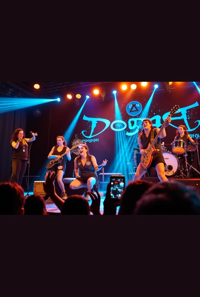 a poster of a sexy woman singing into a microphone with another sexy woman behind her, dreamy stone girl, stone, rock and dust, heavy metal concert