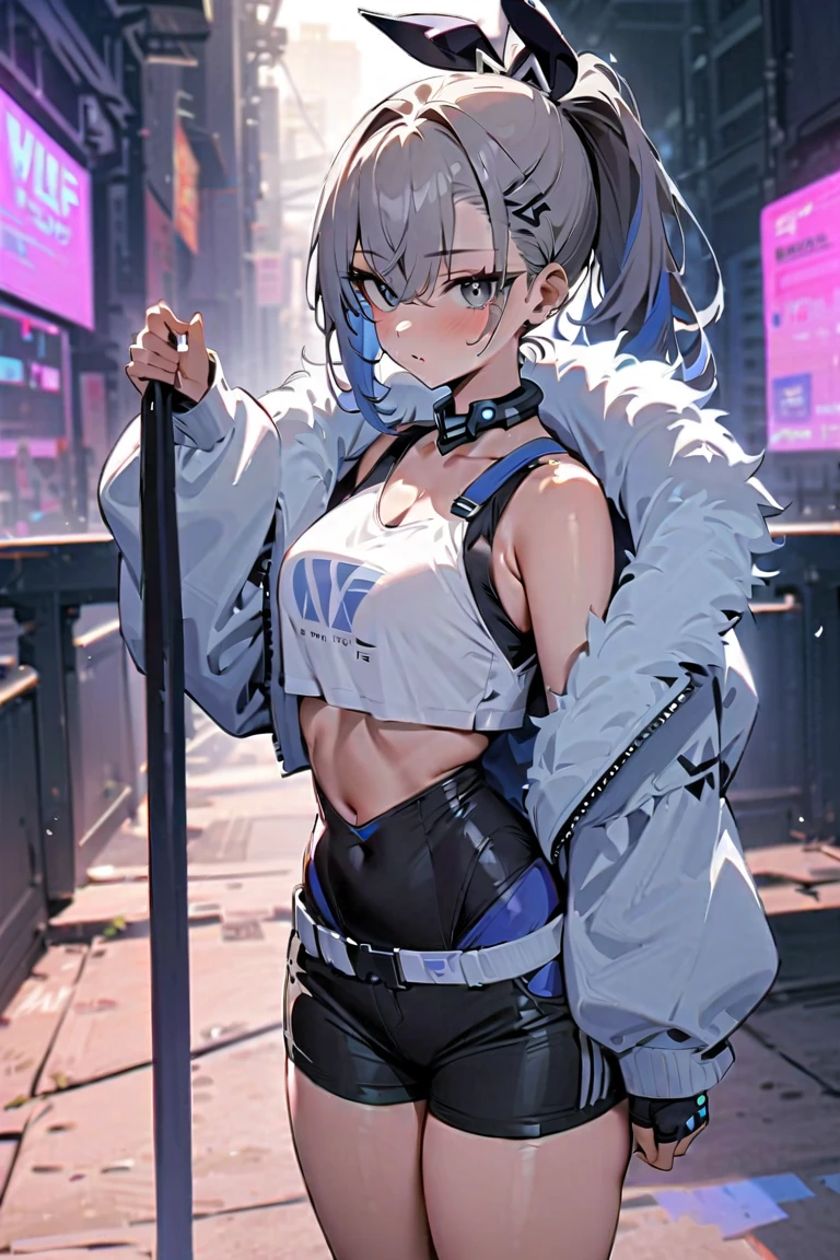 young, Grey Short Hair, Grey Eyes, High Ponytail, cyber punk, White top, Shorts, Fur coat, masterpiece, high quality, silverwolf, Oversized vest,Erect nipples

