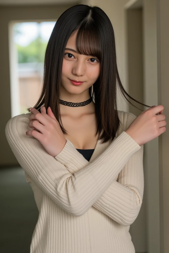 nsfw,20yo, 8k, RAW portrait of (japanese girl), photo realistic, ultra high res, best quality, real life photo , dramatic, atmospheric, ( at night :1.1),
1girl, a very beautiful japanese girl, glamour shot of girl, long hair, smooth skin, closed mouth, smile, Mature Body,teeth
big beautiful detailed eyes, black hair, beautiful detailed nose, (flat Chest:0.5),
Saggy breasts,Big Breasts,Sleeveless turtleneck sweater, mini skirt,((black pantyhose)),
Hotel Rooms,indoor, (tilt head:0.3), look camera, Amamiya Sora