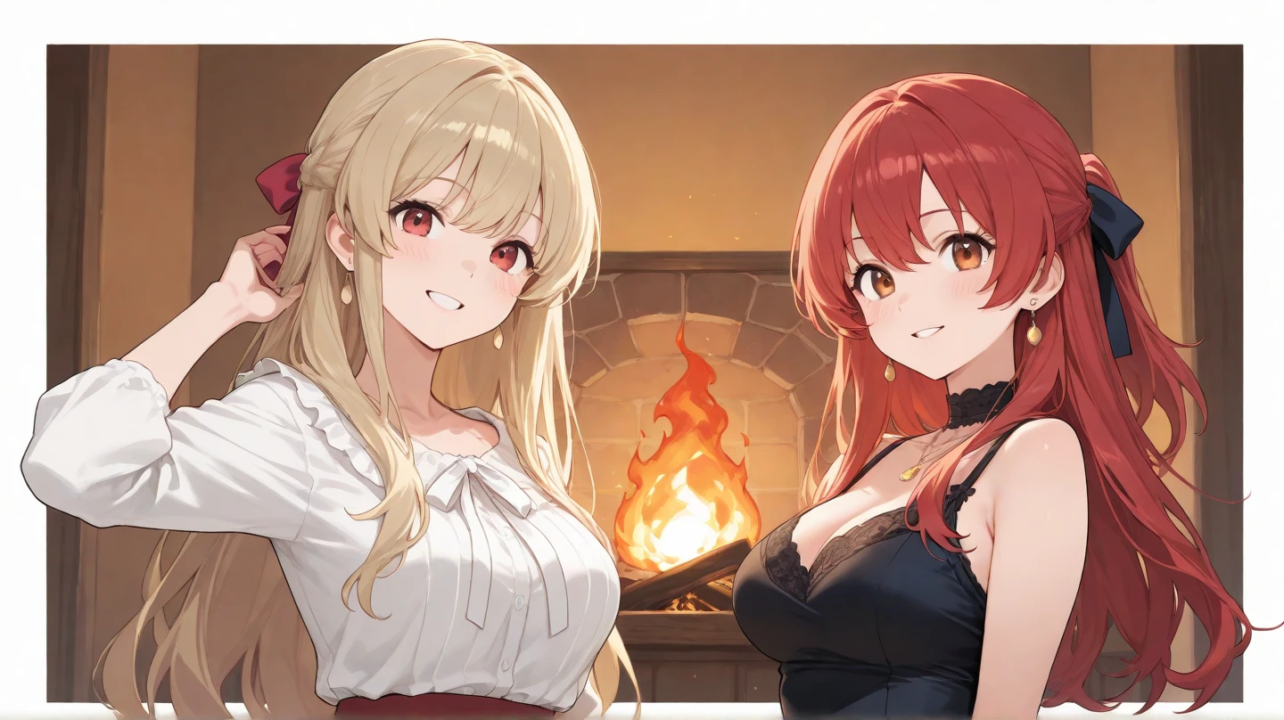 A girl with crimson red hair and maroon eyes with a black and red shirt that covers her whole torso and sweatpants and big breasts smiling and a background with volcanoes and fire