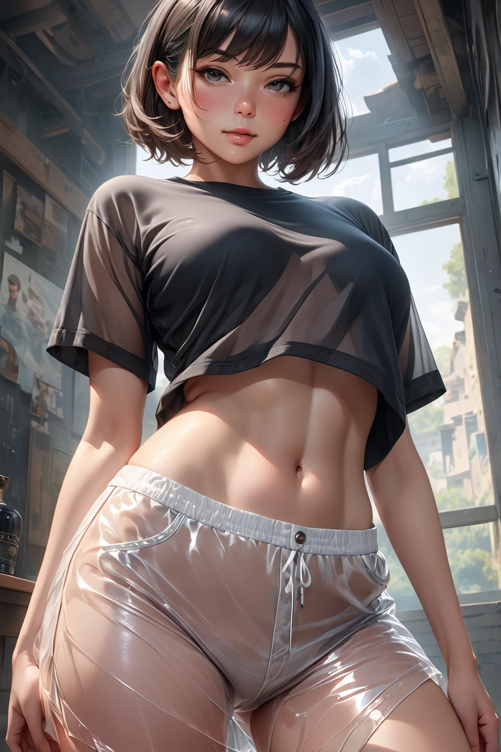 (cowboy shot),(Perfect Anatomy,top-quality、The ultra -The high-definition、hight resolution、extremely details CG、8K Unit Wallpapers),20-year-old、solo,Beautiful detailed eyes,black hair,shor bob hair,blunt bang,wet hair,(small breasts,slender body,skinny,sweat),gleaming skin,oily skin,(wet clothes、punk fashion,tight black tank top、perfect white panties、barefoot),sitting,simple bed、(indoor、山小屋のindoor),
