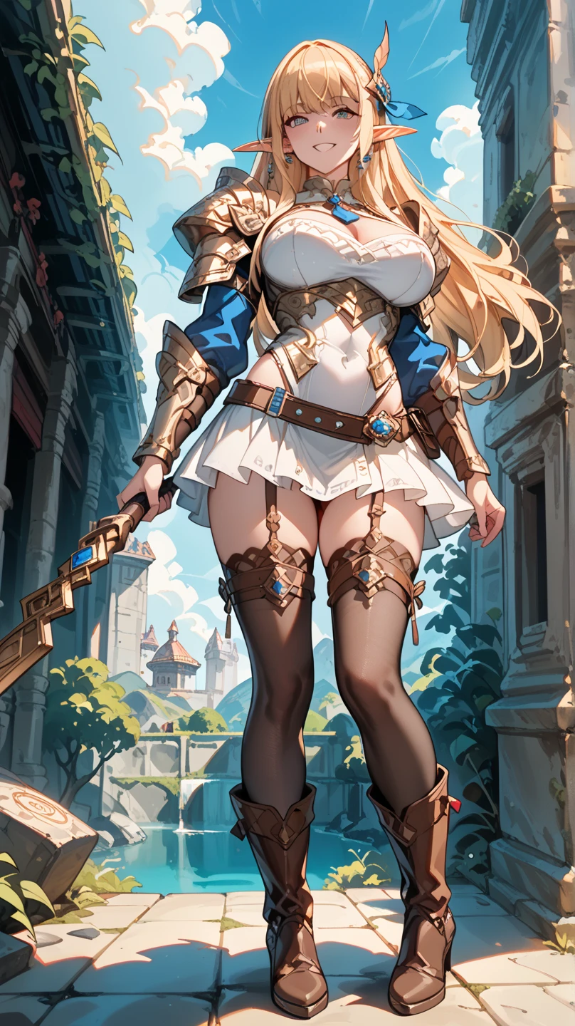Browsing Caution,Sensual, Long blonde hair, Thick thighs, 8k, 4K, Highest quality, (High resolution:1.6), Cute anime face, Noise Reduction,Flaxen Hair、 (Sparkling Blue Eyes, A kind smile:1.3, Kind eyes:1.3)、Young Face, Anime Eyes, Asheria、(Sword in right hand:1.5)、(Equipped with a shield on the left arm:1.5)、(SFW Giant:1.9)、Large areola, Puffy nipples:1.3, tight, skinny, Long tights、Knee-high boots、(garter belt:1.5)、Beautiful Hands、Beautiful fingers、(High cut thong:1.5),squatting, spread legs,