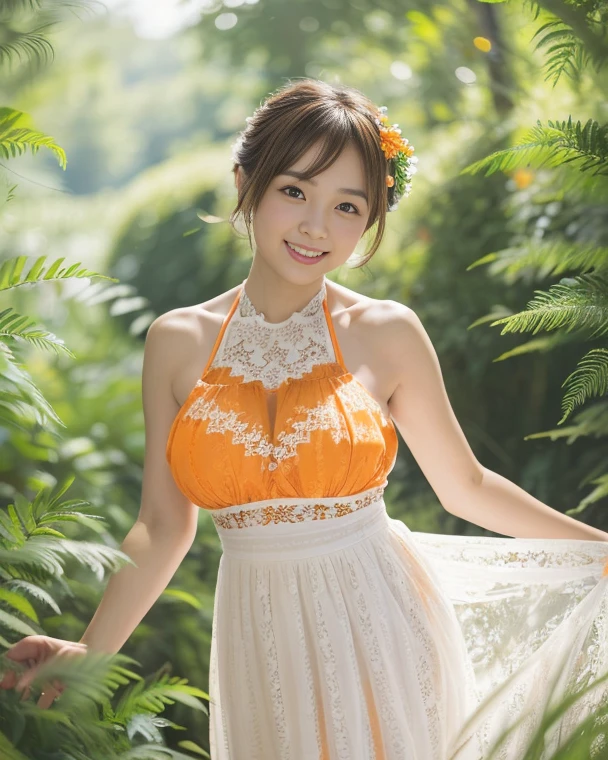 ((最high quality, 8k, masterpiece: 1.3)), (close:0.75), Realistic, Sharp focus, high quality, High resolution, Japanese middle-aged mature woman,Huge Busty Woman、29-year-old middle-aged woman、Chubby body type、Mature woman with huge breasts (Wearing a dress with a large opening at the chest)、 ((Very strong sunlight)), smile,Brown hair Sonyoung,かわいいsmile、Sitting in the shade of the forest、Cowboy Shot、In an image that emphasizes the chest area