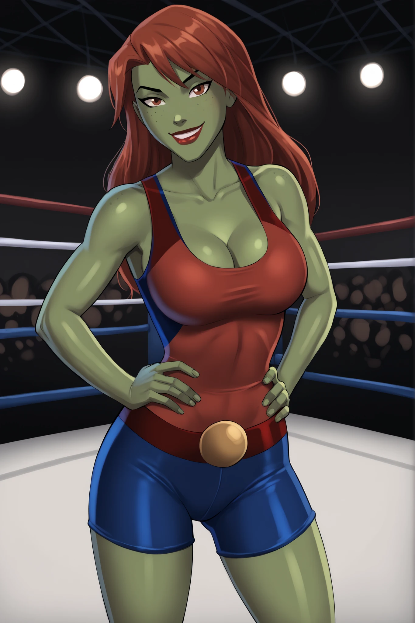 PonyXLV6_Scores BREAK (perfect anatomy, perfect eyes), BREAK mgann morzz, long hair, red hair, colored skin, green skin, freckles, brown eyes, makeup, bright red lipstick, ((looking at viewer)), superhero, large breasts, cleavage, happy expression, dark blue wrestling singlet, curvy, athletic, standing, indoors, wrestling ring, gym, bedroom eyes, hands on waist, smiling, closed mouth, model pose