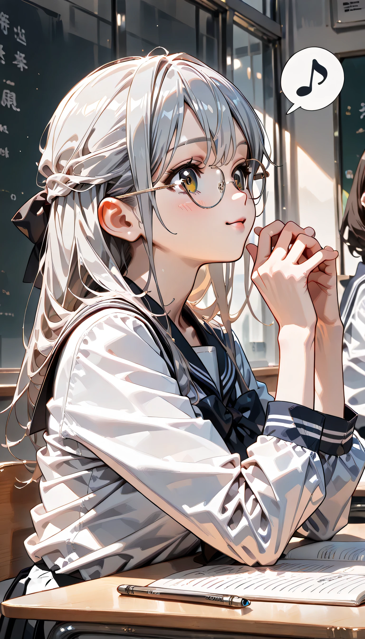 ((ultra-detailed)), (highly detailed CG illustration), (best quality:1.2), ultra-highly detailed, colorful composition, artistic photoshoot, 1girl, solo focus, ((upper body:1.4)), moe anime character, girl, dainty facial structure, (baby face), (round face), ((rounded chin:1.2)), celia-default, celia claire, blue eyes, ((wearing glasses:1.4)), ((round eyewear:1.4)), ((silver hair color)), long hair, ((half updo)), ample breasts, school uniform, sailor suit, traditional Japanese style with navy blue and white colors, ((smile)), ((blush:1.4)), ((spoken note:1.4)), ((in the Classroom)), ((has a pink mechanical pencil:1.3)), ((writting a note in my notebook:1.3)), ((Looking at the notebook:1.3)), from side, best quality, masterpiece, expecting, pink cheek, blush, light pink gloss slip, portrait, depth of field, soft lighting, sidelighting, (shine), lighting, caustics, ray tracing, smile, perfect face, lustrous skin, highly detailed face, highly detailed eyes, perfect face, perfect nose, perfect hair, perfect eyes, perfect anatomy, beautiful hair, beautiful small face, extremely detailed face, beautiful detailed eyes, beautiful clavicle, beautiful body, beautiful ample breasts, leavage, breasts squeezed together, equalize the size of the left and right breasts, beautiful thin thighs, beautiful legs, beautiful fingers, ((4 fingers)), 1 thumb, lovely, (very detailed background:1.0), (highly detailed background:1.0), spring aesthetic, intricate details, joyful atmosphere, spring colors palette, chromatic aberration