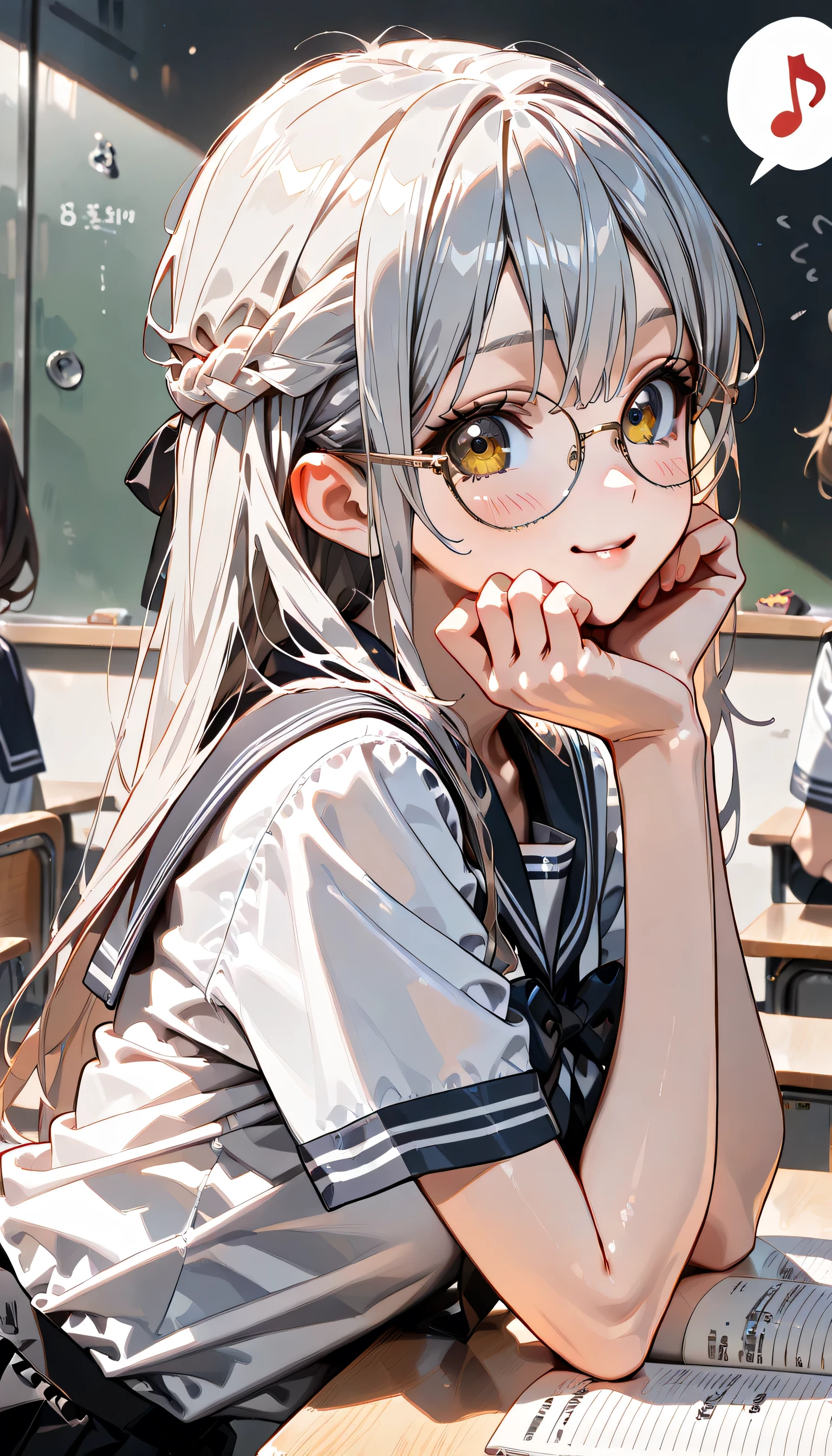 ((ultra-detailed)), (highly detailed CG illustration), (best quality:1.2), ultra-highly detailed, colorful composition, artistic photoshoot, 1girl, solo focus, ((upper body:1.4)), moe anime character, girl, dainty facial structure, (baby face), (round face), ((rounded chin:1.2)), celia-default, celia claire, blue eyes, ((wearing glasses:1.4)), ((round eyewear:1.4)), ((silver hair color)), long hair, ((half updo)), ample breasts, school uniform, sailor suit, traditional Japanese style with navy blue and white colors, ((smile)), ((blush:1.4)), ((spoken note:1.4)), ((in the Classroom)), ((has a pink mechanical pencil:1.3)), ((writting a note in my notebook:1.3)), ((Looking at the notebook:1.3)), from side, best quality, masterpiece, expecting, pink cheek, blush, light pink gloss slip, portrait, depth of field, soft lighting, sidelighting, (shine), lighting, caustics, ray tracing, smile, perfect face, lustrous skin, highly detailed face, highly detailed eyes, perfect face, perfect nose, perfect hair, perfect eyes, perfect anatomy, beautiful hair, beautiful small face, extremely detailed face, beautiful detailed eyes, beautiful clavicle, beautiful body, beautiful ample breasts, leavage, breasts squeezed together, equalize the size of the left and right breasts, beautiful thin thighs, beautiful legs, beautiful fingers, ((4 fingers)), 1 thumb, lovely, (very detailed background:1.0), (highly detailed background:1.0), spring aesthetic, intricate details, joyful atmosphere, spring colors palette, chromatic aberration
