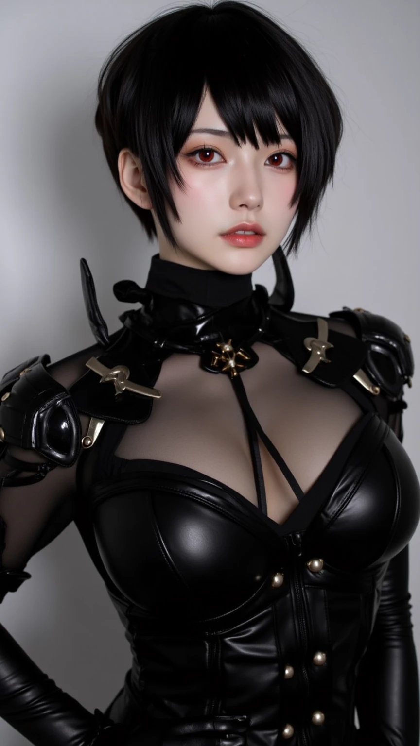 anime hellraiser cenobite male ,view up from floor , sharp teeth , one eye patch , short brown hair