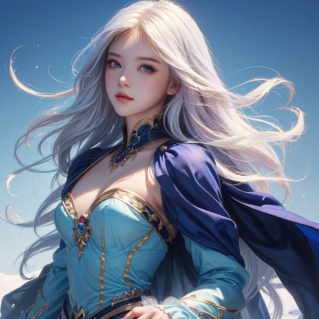 Anime girl with long white hair and blue skirt in the snow, White-haired god, White hair floating in the air, Snowflakes flying all over the sky, Anime fantasy illustration, Flowing white hair, Beautiful youthful spirit, Beautiful fantasy anime, Glowing flowing hair, Ethereal Anime, Beautiful anime artwork, Beautiful digital artwork, Anime Fantasy Artwork, ((beautiful fantasy queen)), 2. 5 d cgi Anime Fantasy Artwork