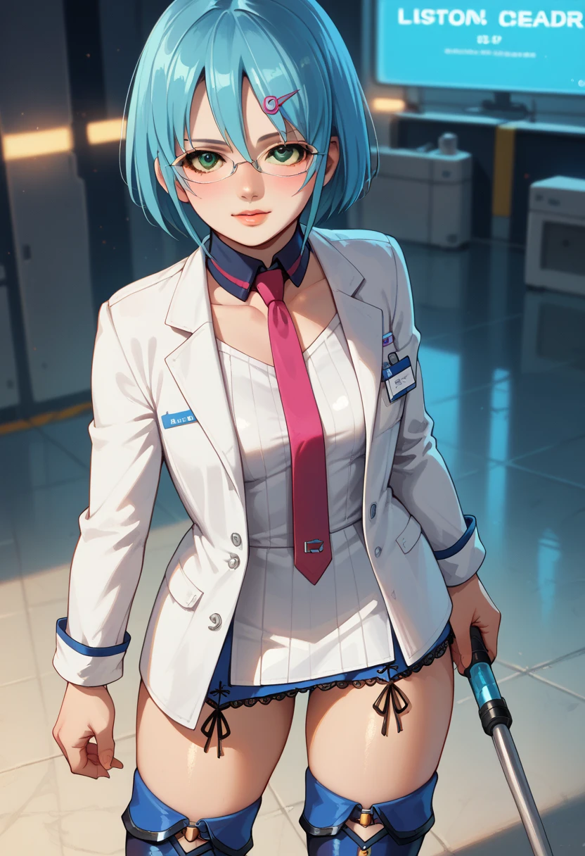 Solo, Highest quality, Masterpiece, Dynamic, Highly detailed CG, Highly detailed 8K wallpaper, Bird's eye view, Highly detailed character, Standing still, Looking at viewer, Front facing (very detailed and beautiful portrait), Small chest, beautiful line, Japanese high school uniform, collared jacket, embarrassment, front button, black slacks, zipper open, underwear shift, see-through bra, portrait, solo, clear focus, (((soft mohawk)) , dark-skinned tomboy, butler, white teeth with cigar, navel piercing, tattoo under eye, short hair, yellow eyes, detailed close-up portrait, background is park, detailed trees, blue sky