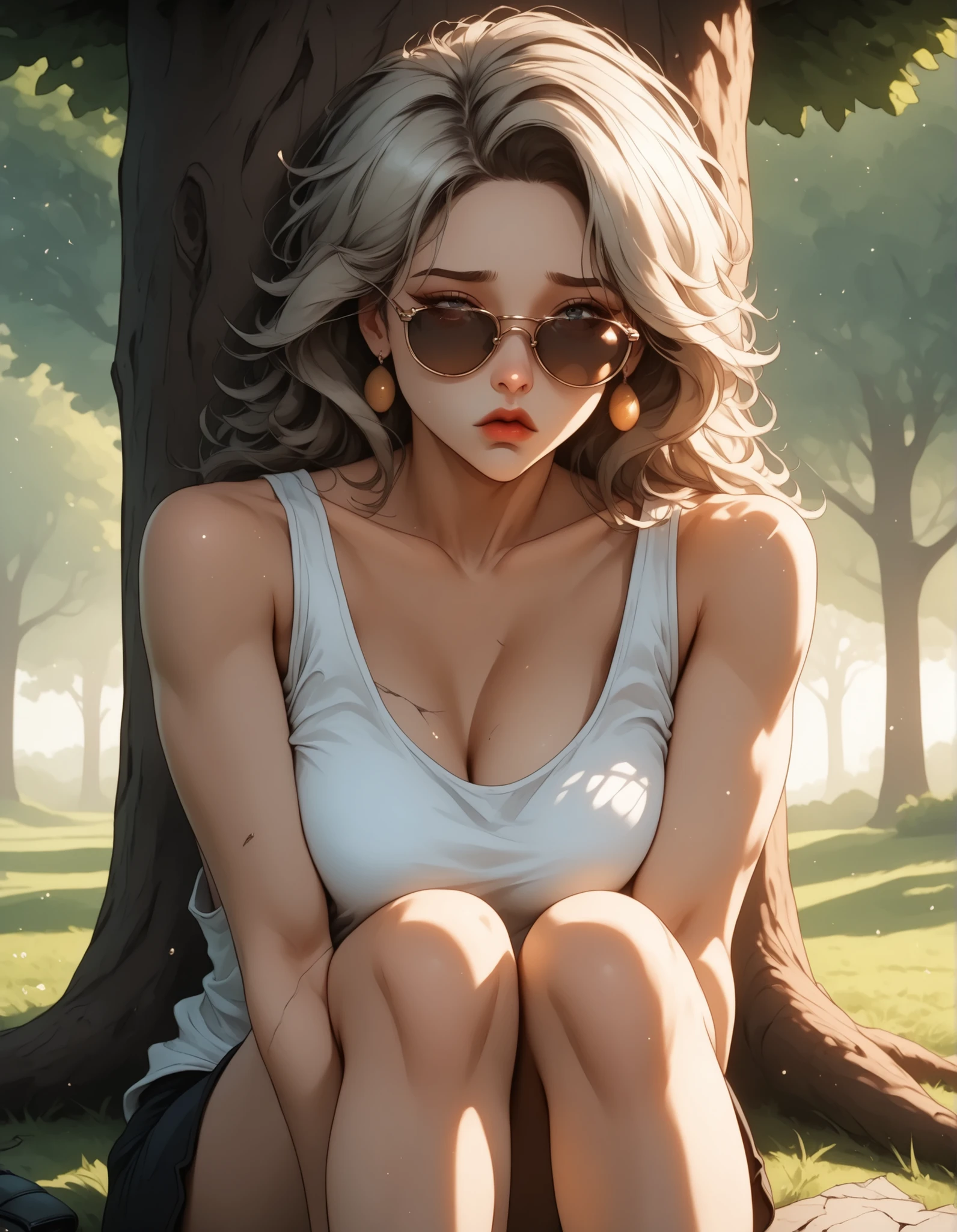 (masterpiece:1.2), (best quality:1.2), ultra detailed, 8k, watercolor, cinematic lighting, volumetric_lighting, rim light, soft shadows, ((forced_perspective)), (Diminishing scale perspective:1.3), late afternoon campus quad with long shadows stretching over sun-bleached grass, background dotted with distant students and old brick buildings, faded greens and dusty yellows under harsh golden hour light, lone figure sitting against a tree at the frame's edge, platinum-blonde-turned-dirty hair tied in a messy panic bun, strands falling over cracked sunglasses, tear-streaked cheeks visible beneath, face sharp with exhaustion—cheekbones high and accusing, lips chapped and bitten raw, lean and flawless frame curled inwards, arms wrapped loosely around drawn knees, tanktop stretched thin over tensioned ribs, no food or phone in sight, eyes barely visible but locked somewhere far away, shame and survival etched into her posture, the quiet ache of a viral aftershock, (lora:Yandere Queen:0.85), (lora:Detail Tweaker XL:0.65), (lora:Fantasy Western Anime:0.45), (lora:Dark Realism (Anime):1.0), (lora:Dramatic Chiaroscuro:1.0), (lora:Vampire Hunter D Bloodlust Style [Pony XL]:0.3)
