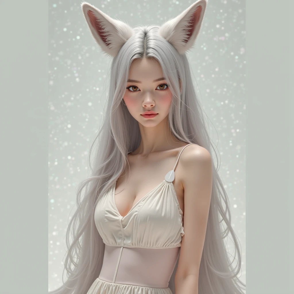 beast ear,Beast tail,a beauty girl,White hair,The upper part of the body,adolable,Need