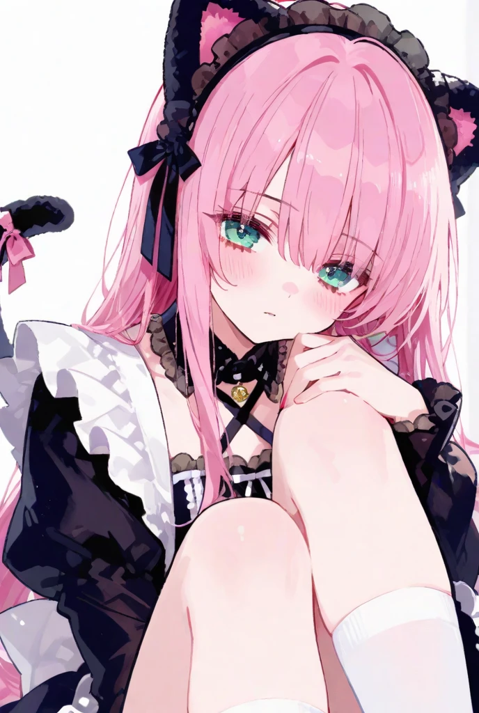 from the above,The upper part of the body,(((incredibly_absurdres))),(((Ray traching))),((({best qualtiy},{{tmasterpiece}},{A high resolution},Original,extremely detailed 8k wallpaper,1girl,{an extremely delicate and beautiful},))),(((Ray traching,{best qualtiy},{{tmasterpiece}},{A high resolution},Original,extremely detailed 8k wallpaper,{Extremely refined and beautiful},,incredibly_absurdres,extremely colorful,Complicated details,art book,))),{best qualtiy},{{tmasterpiece}},{A high resolution},Original,extremely detailed 8k wallpaper,{an extremely delicate and beautiful one},,ssee-through,adolable,Art room,A high resolution,GameCG,(((Very detailed CG unity 8k wallpaper))),(((Babe))),cat_ears,White cat ears(The inside of the cat's ears is pale pink),hime_cut,Long black hair,Ji Fa,Qi bangs,Longer hair on the sides of the cheeks,looking at viewert,evilsmile,sitted,Kneeling and set on a float,Hidden hands,Knees Together,pigeon toe,Phoenix Eye,Bright pupils,Black to pink gradient eyes,sweet_lolita,white_thighhighs,Ribbon trimming sleeves,tress ribbon,maid headdress,hair adornments,hair bow,shairband,beautiful boobs
