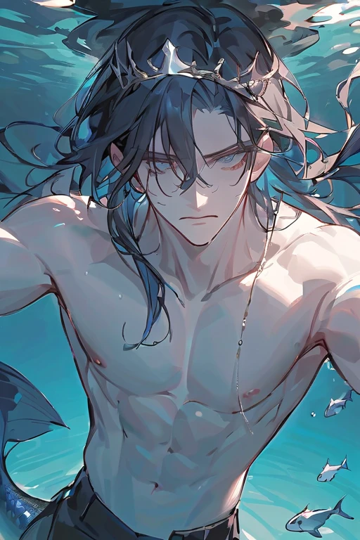 Male: Black hair down to his waist, with 2 blue strands, blue eyes, has a blue fish tail, fins on his arms, has fish ears, uses water magic, wears no shirt