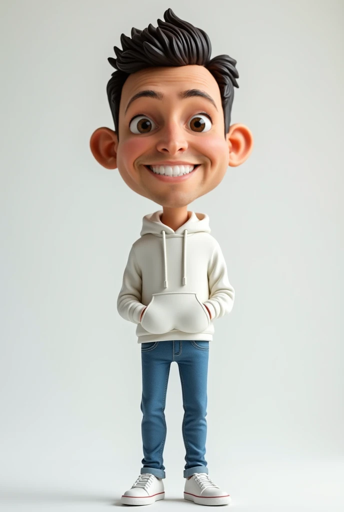 "Create a realistic full body 4D cartoon character with a big head, a 29 year old man with a happy and cheerful expression. His mouth is wide open, He has short hair in an undercut style, big ears, slightly bushy eyebrows. He is wearing a white hoodie, jeans trousers should emphasize his wide, happy smile and friendly demeanor."