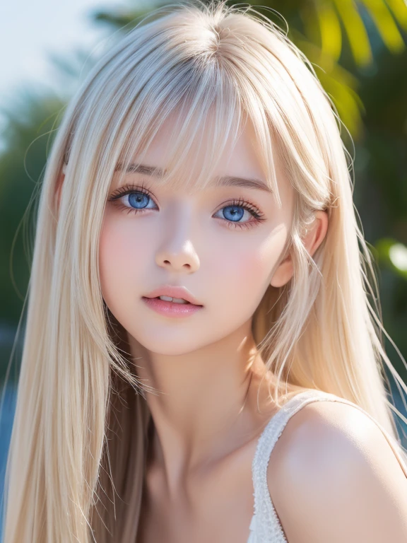 ((sfw: 1.4)), ((detailed face,  professional photography)), ((sfw, Beautiful white glowing skin, incomparable beauty, bright, fresh, gentle expression, perfect beautiful beautiful cute face, shiny platinum blonde silk super long straight hair, beautiful shiny bangs, eyeliner, big clear sky blue eyes,, 1 Girl)), Ultra High Resolution, (Realistic: 1.4), RAW Photo, Best Quality, (Photorealistic Stick), Focus, Soft Light, ((15 years old)), (( (young face))), (surface), (depth of field), masterpiece, (realistic), woman, bangs, ((1 girl))