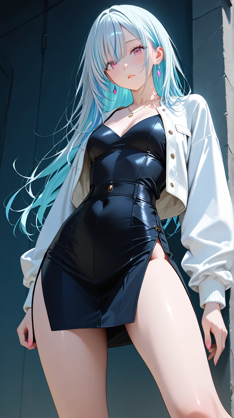 Best quality、tmasterpiece、A high resolution、fully body pose,1girll、Sheer silk porcelain dress、Full body like,Nice face、hair adornments、looking at viewert、ssmile、Long shirt、floated hair,hair adornments、choker necklace、jewely、long whitr hair、耳Nipple Ring、pretty face、Sexy body、Tindal effect、hentail realism、Shadow Studio、edge lit、bicolor lighting、(highdetailskin:1.2)、8K, Ultra HD、Digital SLR、softlighting、high high quality,Volumetriclighting,photore,High resolution 4K,8K,blur backgroun