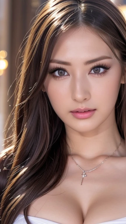 1 25 years old beautiful woman with casual cute hairstyle posing for a portrait, Real raw photo with super detailed details, Beautiful smooth glossy hair woman, A very beautiful woman, She is blushing and making a kissy face with love, Her face is turned upwards, Well-cared for beautiful long hair, 16K Ultra Realistic Portrait, Photograph from the front of her, Camera angle of view from above, She is slim figure top model and famous movie actress, She has a very fine and smooth white skin, Breast enhancement, ((((1 Swedish woman)))), The eyebrows are raised and furrowed, She has bittersweet feeling, Super thinly opened eyes are moist and droopy, Form a gentle curve from cheek to chin, She is looking up at the camera from below, Her thick plump and shiny big lips are half-opened, Close-up photo of face, A person in the center left and right:1.0, The whole head is shown, She is wearing simple earrings and a simle necklace, Perfect makeup, Professional lighting like movies in her bedroom
