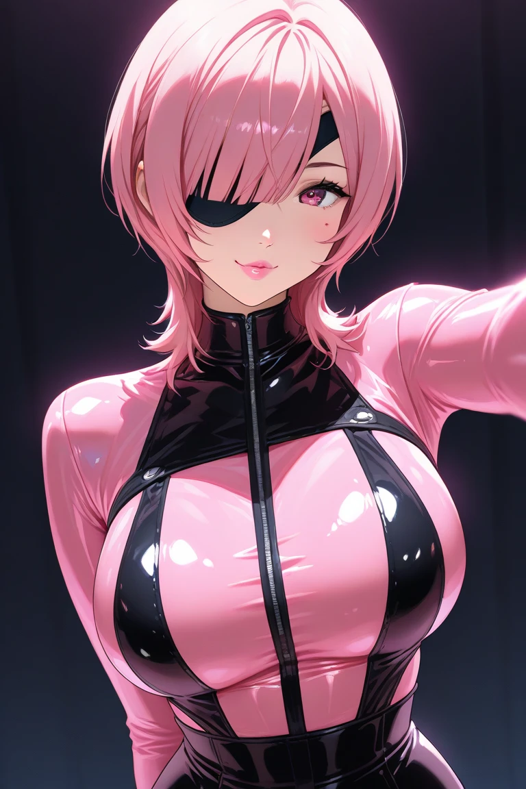 (large breasts:1.55),(shiny,hair),((solo)),((masterpiece)),((best quality)),perfect anatomy,slim waist,perfect image,8k UHD,(beautiful detailed eyes:1.5),extremely detailed face,standing,(upper body:1.25),(look at the front:1.5),arms behindback,ultra-detailed,absurdres,highres,(shiny pink and black racing suits:1.35),outdoors,smile,(pink hair:1.1),(medium hair),(latex),lips,(pink eyes:1.15),