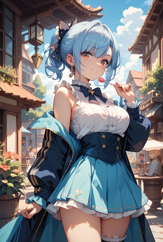 (masterpiece, best quality, ultra-detailed, highres), perfect face, sidelighting, lustrous skin, standing,
(bloom), (shine), lighting, ray tracing, sci-fi, city, street, outdoor, depth_of_field,
blue eyes , high heels, whirlwind of water, hair ornament, bangs, light blue hair, butterfly hair ornament, kamisato, kamisato ayaka \(heytea\), hat, single hair ring, (lifting skirt), ((white panties underskirt))