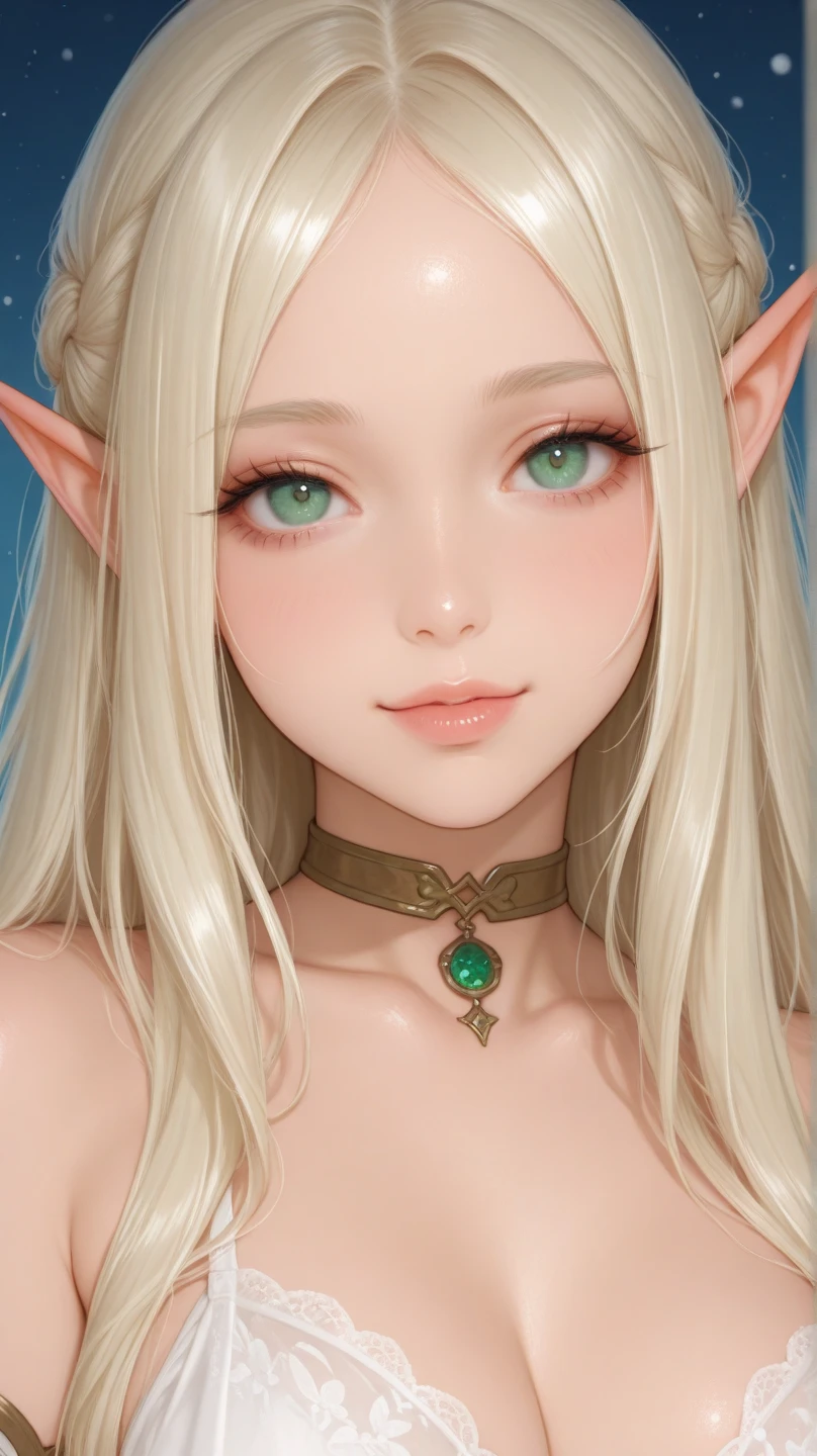 Ultra HD、High resolution、distinct、Elf、Beautiful green eyes、Beautiful braided hair、Completely naked、White and beautiful skin、Big Breasts、、Small areola、Small nipples、hairless labia、