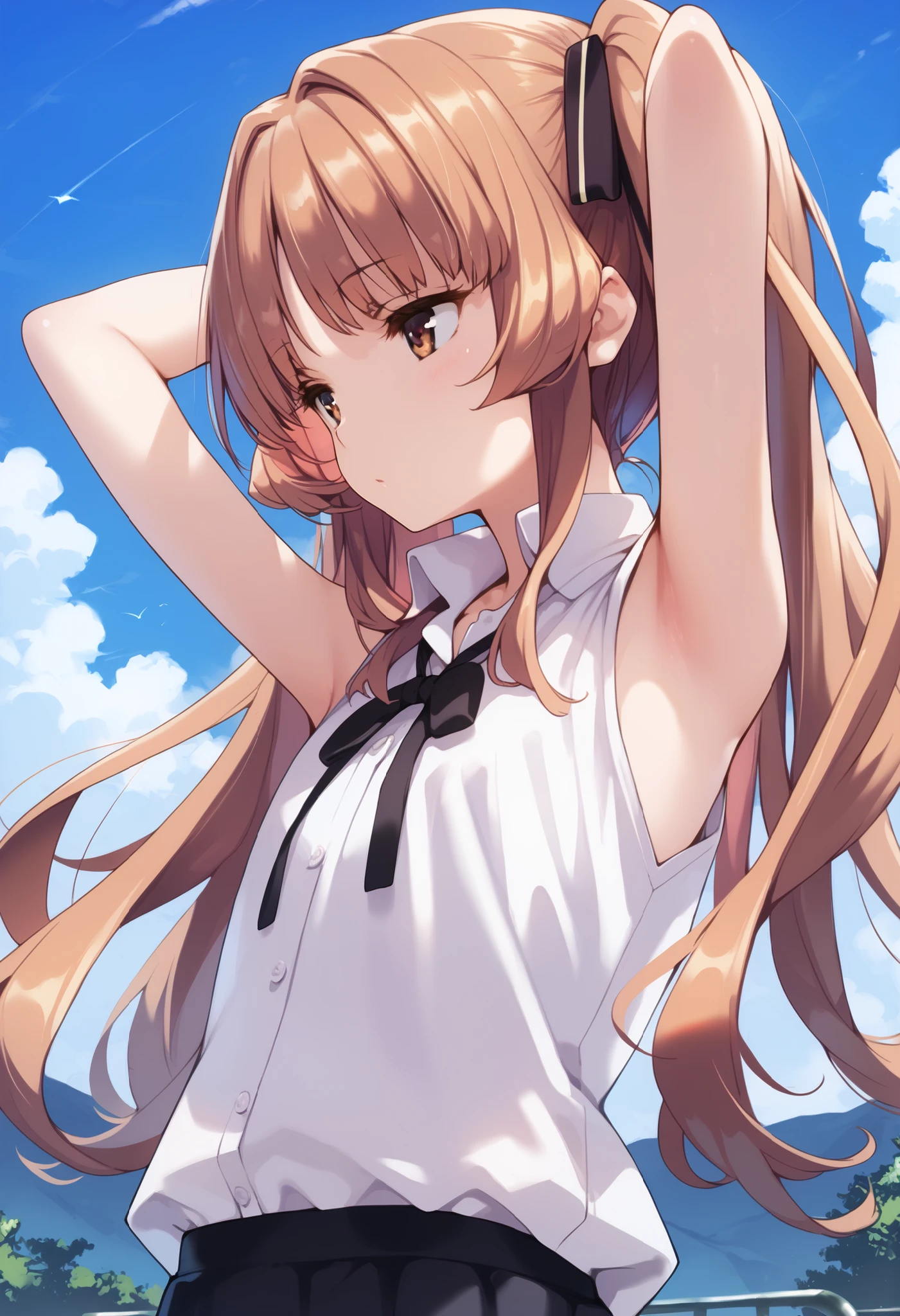score_9, score_8_up, score_7_up, source_anime,dutch angle, (highly detailed:1.3),1girl,solo,ht_remon,brown eyes,flat chest,long hair,twintails, hair ribbon,(white shirt,dress shirt,sleeveless,mini skirt,black neck ribbon),(shirt tucked in:1.3),(upper body,armpit focus,arms behind head,side view),
