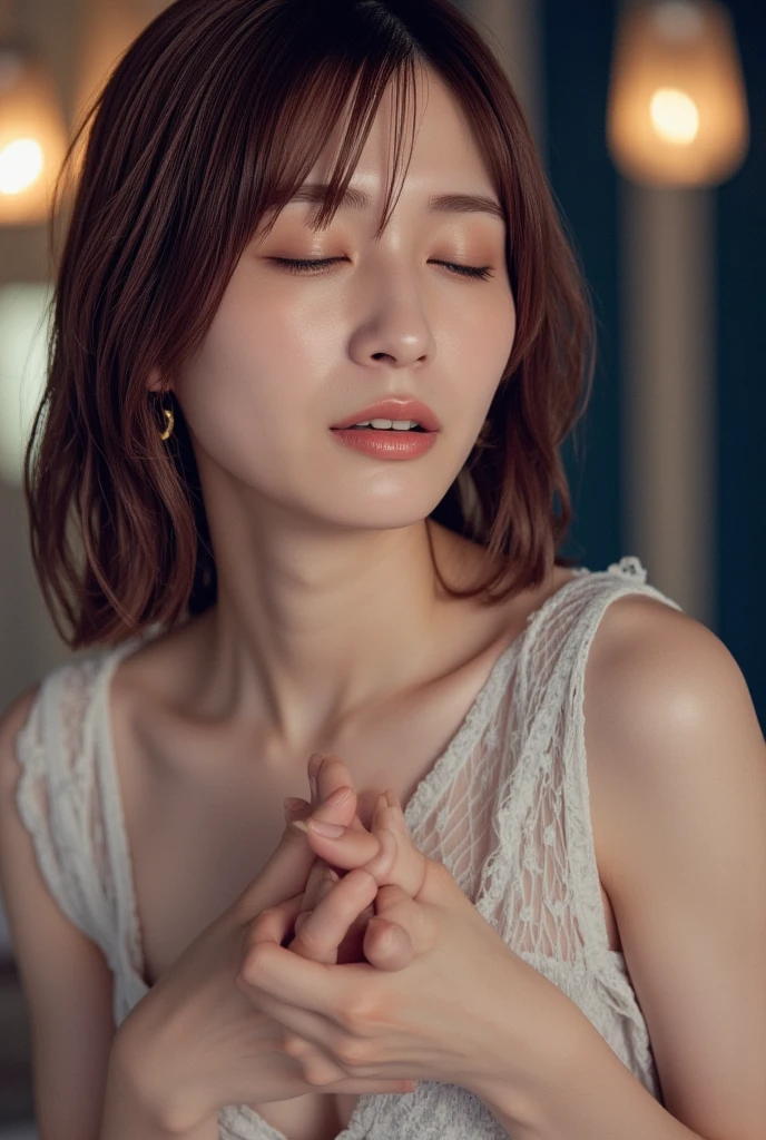 (RAW Photos), (Realistic), (masterpiece), (highest quality), High resolution, 8k, (Intricate details), (Volumetric Light), Portraiture, woman, Age 35, Medium Hair, Straight hair, Center of chest, Accentuate your cleavage, Layered Hair, Brown Hair, Very beautiful eyes, Source order, Very thin eyebrows, Very fine skin, Very beautiful mouth, Very nice nose, Cute like an idol, smile, (Thick lips), (Looking at the audience), (Pale yellow see-through dress shirt), Above the knee shot,Your breasts are clearly visible、In a hotel room, Sitting on the bed, ((Severe pain、Ecstatic eyes:1.2）,(Rear View:1.5）, despair,  cry, ((I gasp violently:1.2))、Ecstatic face、Climax expression、look up、Looking at the ceiling、((close your eyes, Endure:1.5)),