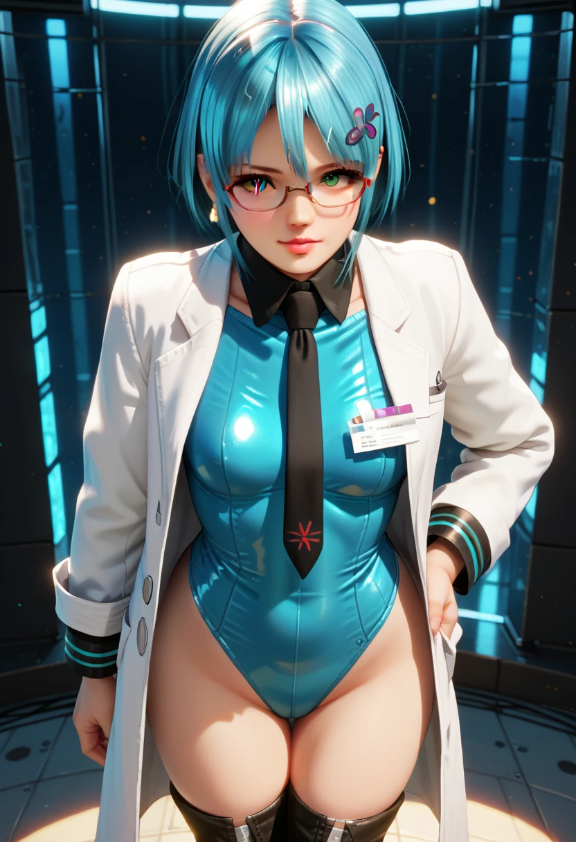 orange color hair、hime-cut、Golden Eyes、eye glasses、ssmile、Early teens girl、Smaller chest、Thin pubic hair is visible、Open the white robe、Opening legs、server room、low angles