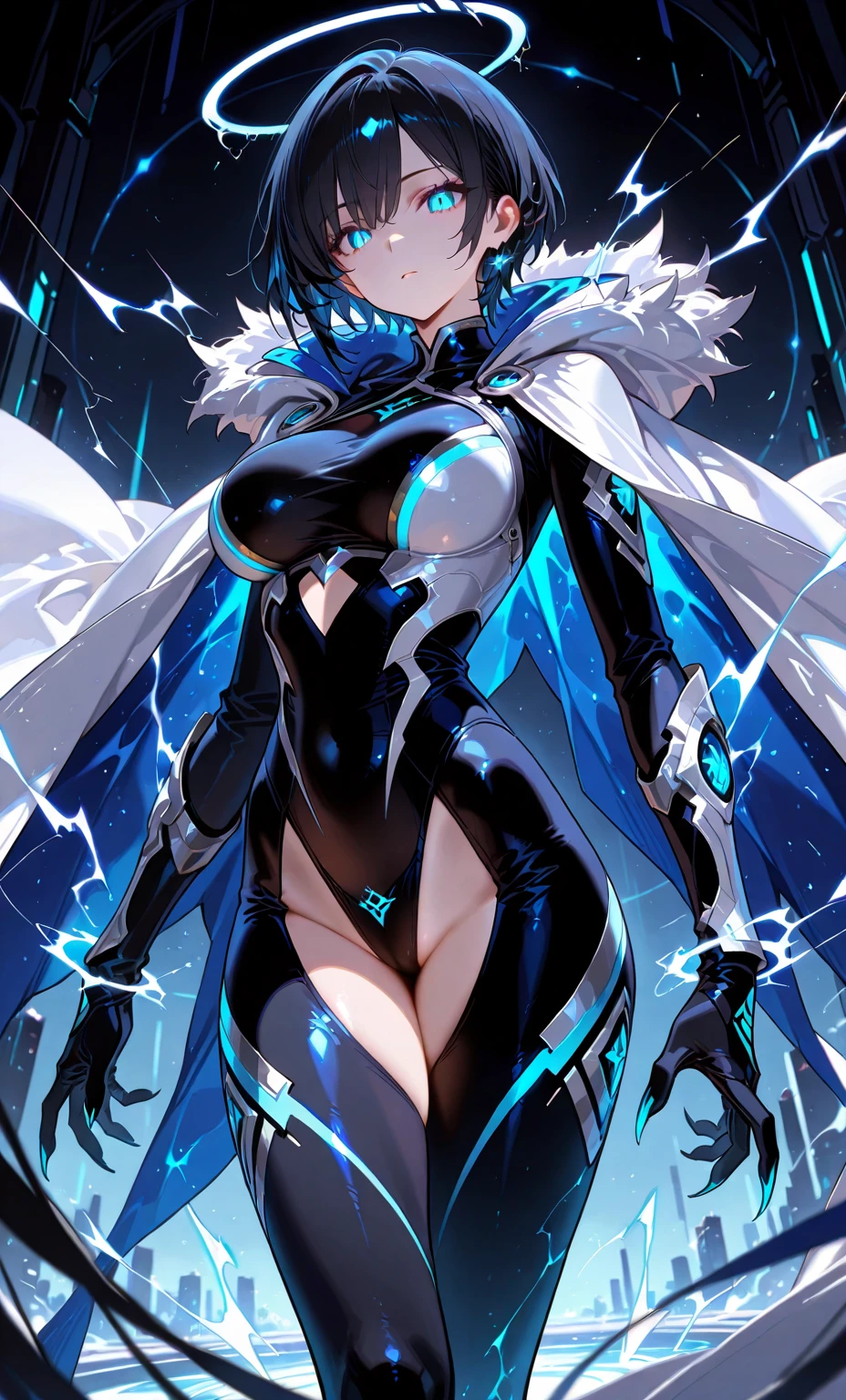 beautiful, masterpiece, Highest quality, anime, One girl, C Cup,Portrait Shot, View your viewers, Covered、Medium Hair、nearby、Blue Eyes、art、、White hair,Blue streaked hair、wallpaper、Cute smile、Thighs、Cute、bed、Beautiful breasts、Sci-fi full harness、valley、、Sweat、Armpit、Lying on your back、