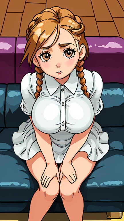 score_9, score_8_up, source_anime Bibl3, cute girl sucks tips of penis, cock shock, busty shortstack, brown hair, twin braid hair, hair ornament, hair ribbon, huge breasts, heavy breasts, breast expansion, full lips, vivid lips, huge penis, thick penis, detailed penis, precum, viewed from above, on knees, girl shocked, innocent expression, face focus, tip of penis in girls lips, raised eyebrows, detailed eyes, detailed face, pretty woman,