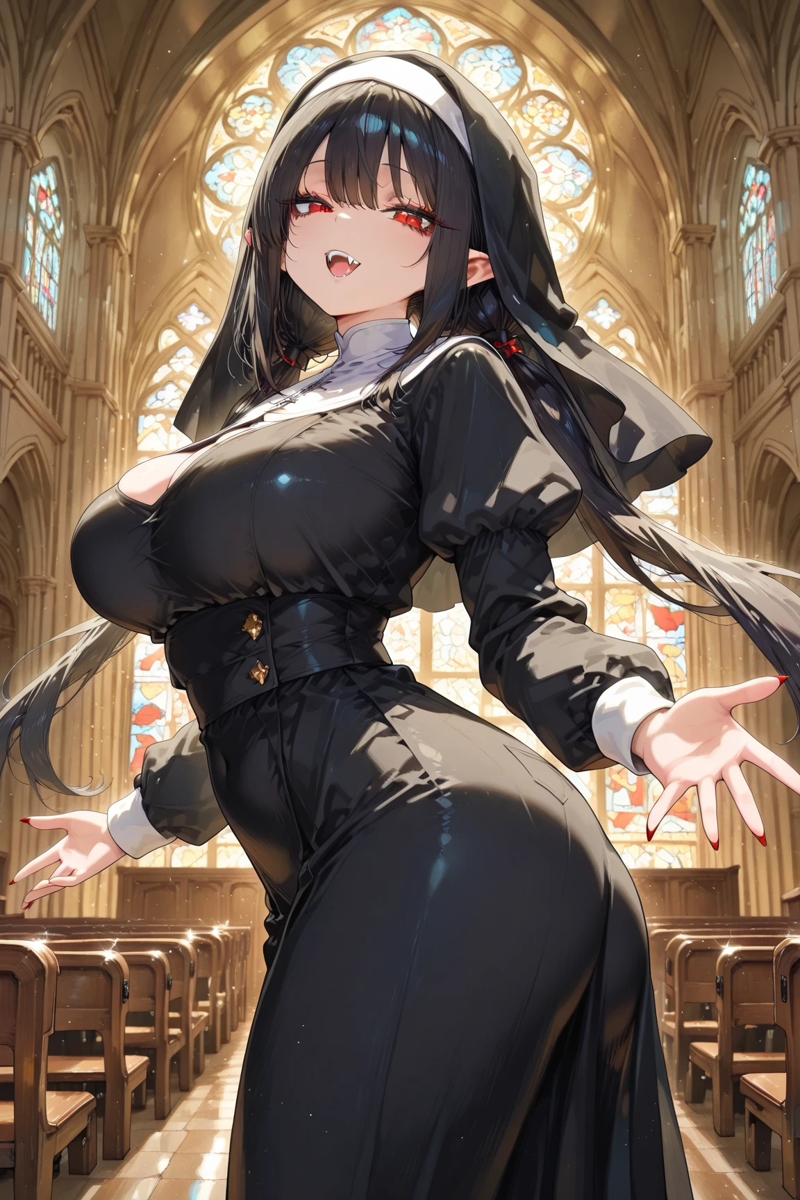 masterpiece, best quality, highly detailed, ultra high res, Shokokomidef, komi_shouko, 1girl, solo, hair ornament, purple hair, long hair, hair over one eyes, purple eyes, dark gothic eyeshadows, dark eyeshadows, black eyeshadows, black medium lips, black thick lips, detailed black lips, black painted lips, gothic painted lips, large breasts, purple eyes, black wedding dress, ponytail, light smile, elbow gloves, inside church background