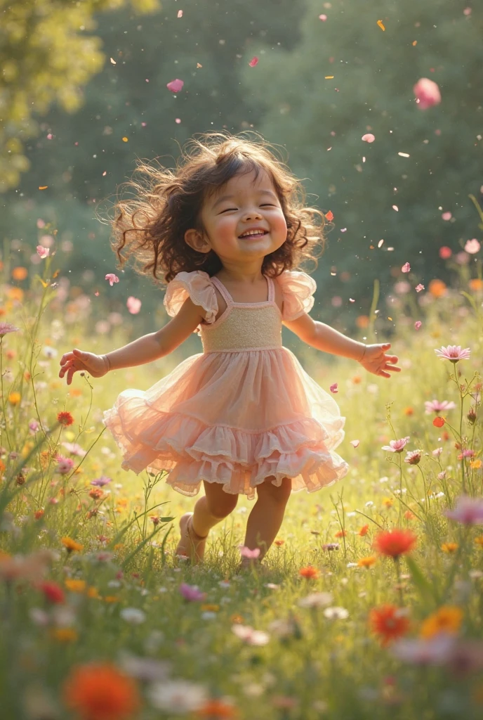 flowers in her hair, colorful dress, running in a field, sunlight, nature, bokeh, soft pastel colors, joyful expression, vibrant atmosphere, playful and carefree, happy childhood memories, dreamlike, whimsical, impressionistic,