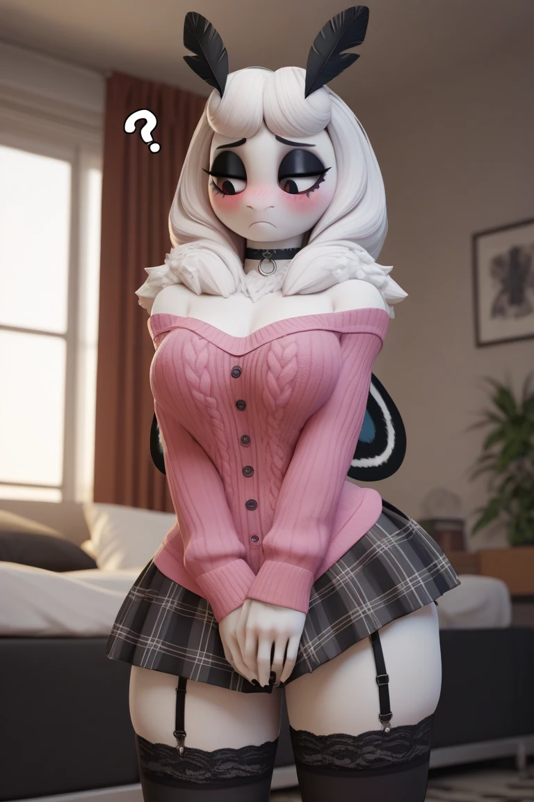 best quality,
masterpiece,
3D anime,
(((solo))),
(((1girl))),
(((Face is JudyHopps))),
(long ears like a rabbit:0.8),
Heir is in a black ponytail style,
((Her eyes color is purple)),
lingeries outfit,
mini skirt,
two-piece lingerie,
brassiere,
Navel exposed,
(outfit is made of wool:1.4),
((body is silver with fluffy and fluffy)),
((skin is silver with fluffy and fluffy)),
portrait view,
background there is a secret room,
(((Her gaze is slightly downward))),
((She is blushing in the cheeks)),
looking embarrassed,
((troubled expression))
