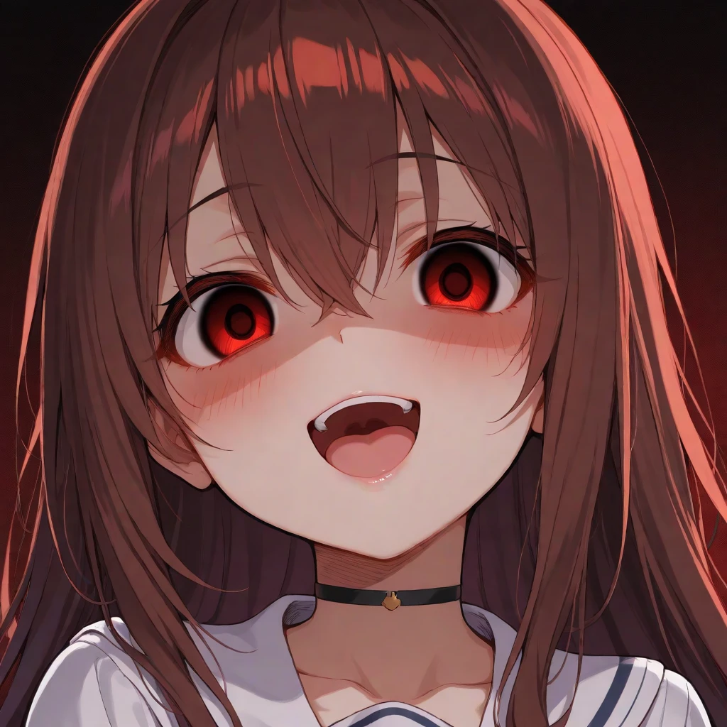 from below, 1girl, upper body,face close-up,smile, open_mouth,blood_on_face,blood_on_body, yandere, blush, yandere_trance, shadow_on_eyes, shaded_face,hands_on_own_cheeks, hands_on_own_face,looking_at_viewer, bare_shoulders,bare_arms,Dark Environment,hell,masterpiece, best quality, very aesthetic, absurdres, horror, blood,death,ruin,,Mikan Yuuki, brown eyes, brown hair, hair ornament,long hair,