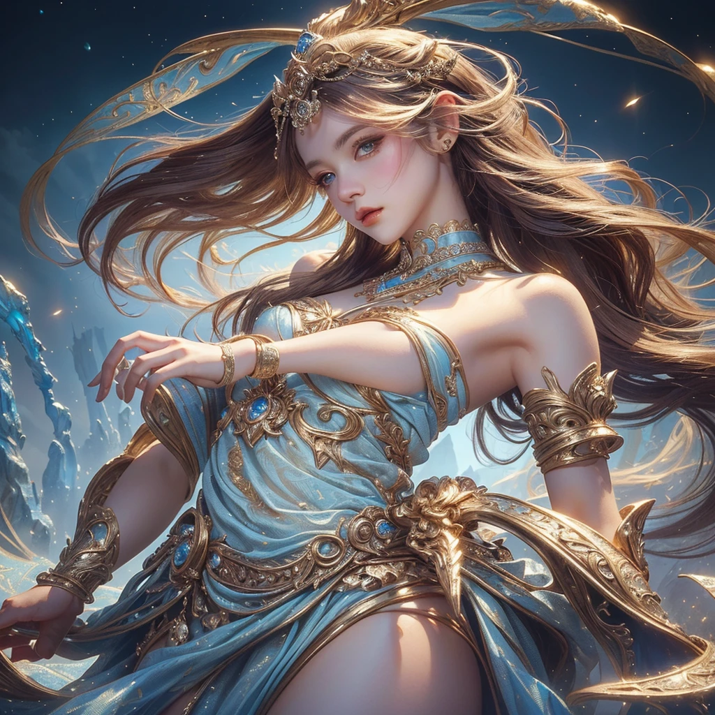 ((Highest quality)),(Ultra-high resolution),(Ultra-detailed new),(Detailed Description),((The best CG)),(masterpiece),Highly detailed art,A wonderful new art form,(Art with precise details:1.5), (woman:1.4),(Intricate and detailed:1.7),(Beautiful and well-proportioned face:1.6),(Straight face:1.4),(Pole Stand:1.9),(Lustrous fur:1.4),(Raise the Lance:1.5),(Dynamic Pose:1.5), (Dust rising:1.7), (The wind blowing through:1.5), (Flying Light:1.6), Fantasy:1.6,