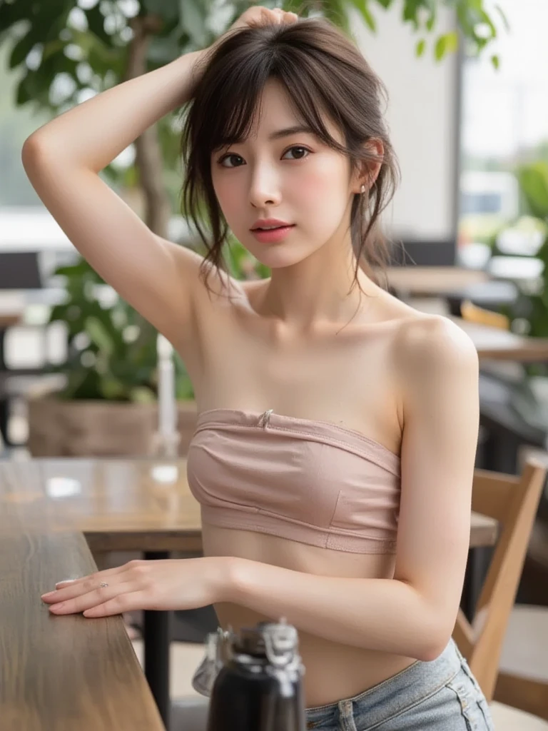 ((of the highest quality, 8K, masutepiece: 1.3, Raw photo)), Sharp Focus: 1.2, (1 AESPA Girl :1.1), Solo, (Realistic, Photorealistic: 1.37), (Face Focus: 1.1), Cute face, hyperdetailed face, (short messy hair: 1.2), Small Smile, Small breasts, flat chest, nude, (taking off her chiffon panties: 1.2), Thigh, cafe, bar, flower, Cattleya