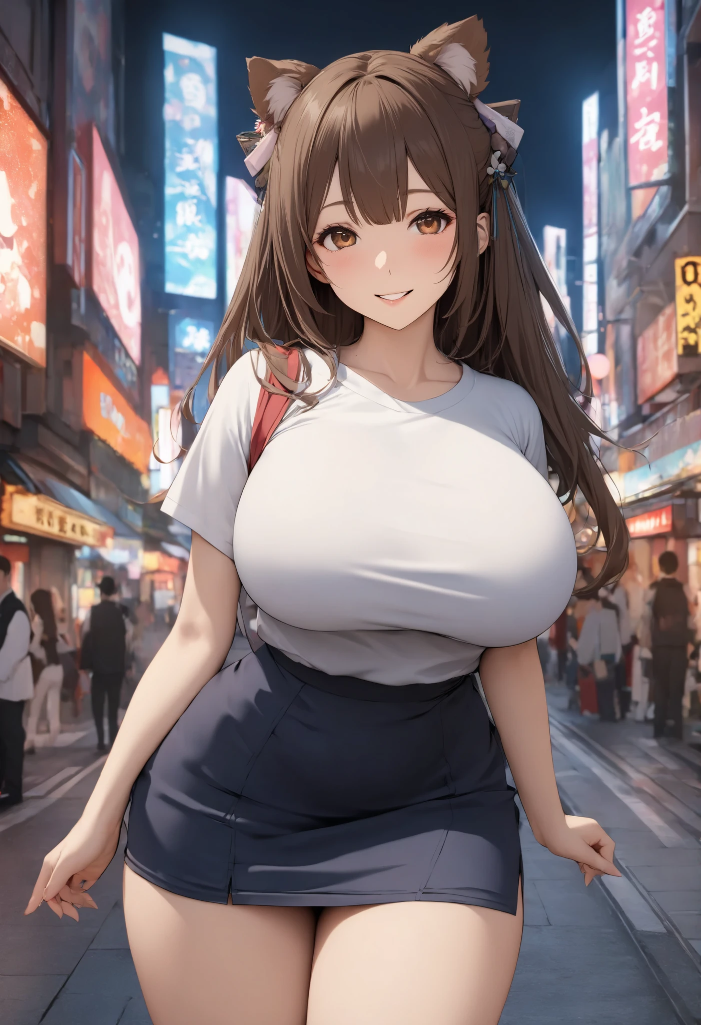 (超 high resolution, high resolutionの詳細写真, 8k, high resolution, absurd:1.2), Japanese woman, (A girl, 1 girl : 1.3), solo, solo focus, mature woman, beautiful character design, A beautifully detailed depiction of the eye, expressive eyes, beautiful face, brown eyes, smile, (T-SHIRT, skirt for ears), (huge breasts: 1.0), thin waist, wide hips, In the city, orbital space