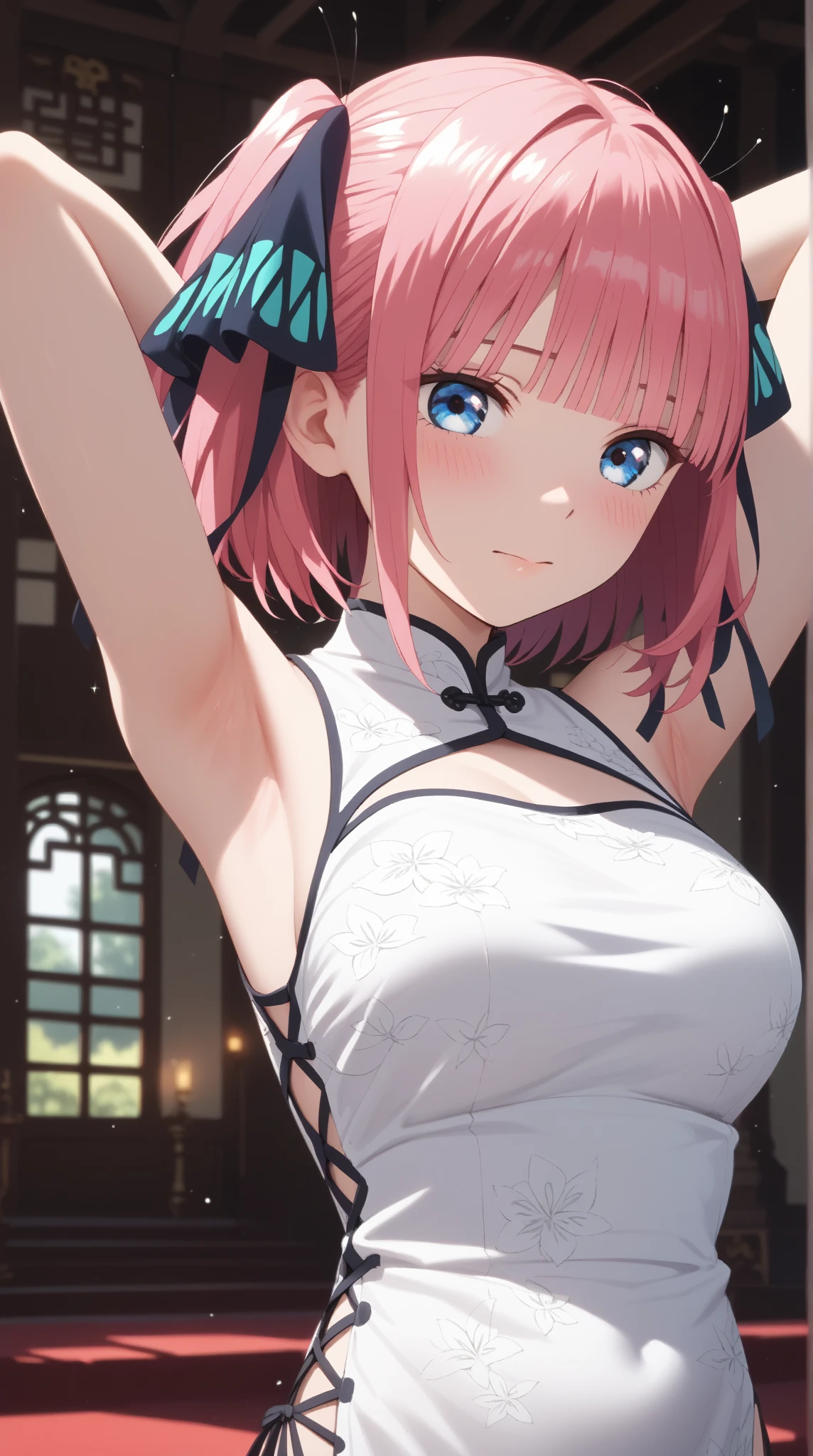 (1 girl),(Best Picture Quality, 8K, Masterpiece:1.3), (high school student:1.5), ((pink lob hair:1.1)), (bob cut),(swept bangs), (cute eyes, pupil black, iris skyblue, youthful face), (mole under right eye), (standard weight), (small breasts), (glistening skin:1.1),(pale skin:1.2),((showing armpits)),((pink chinesedress)),(flustered),(sweat),((fog skin:1.1)),(Beijing:1.2),