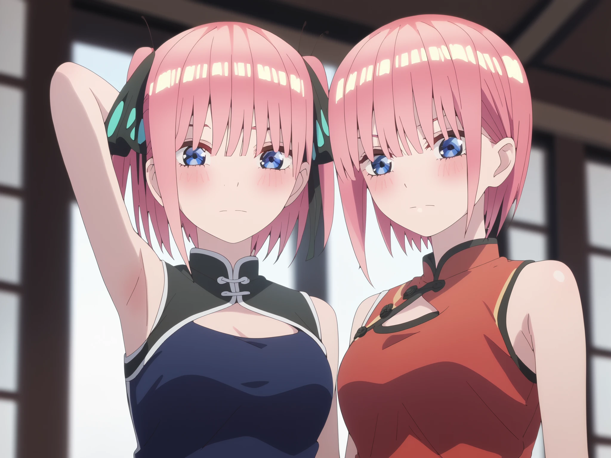 nsfw, vivid coloring, 2 girls, (nino nakano, short hair, bangs, blue eyes, hair ornament, hair ribbon, pink hair, blunt bangs, two side up, butterfly hair ornament), (nakano ichika, short hair, pink hair, hair between eyes, blue eyes), best picture quality, 8K, high quality, masterpiece:1.2), ((masterpiece)), (high detail, high quality, best picture quality), bokeh, DOF, Portrait, open stance, (cute illustration:1.2), embarrassed, seducing, sexy red china dress, in a palace, (arms behind head, armpits:1.3), (looking down on viewer:1.3),