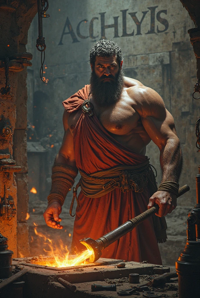 A being with a thin, pale and old body with a huge beard, with tired eyes, This being has 4 arms, using a sword and a sickle in his hands, and a hoe and a sword in the other two hands, background with destroyed scenery and red flames and dark sky