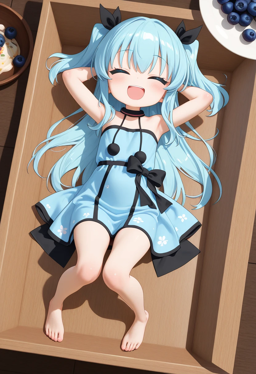 Himari Meimei, masterpiece, slim thighs, petit body, little young girl, flat chest, {1 Girl}, Cute and shy smile, Highly detailed sparkling purple eyes, In summer beach, nudist beach, 困り眉, open legs, legs up, silver grey hair, lying on beach bed