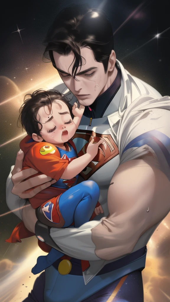 a chubby father holding his newborn baby boy at the seaside at night, black hair, black t-shirt, stars, starry night sky, shiny stars,