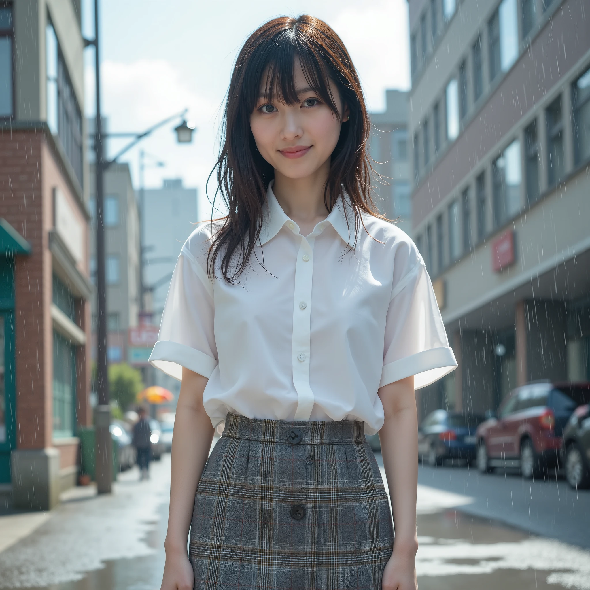 ((top quality, table top to pinch, super high resolution 、 Most Intricate and Detailed Depictions )),1 、(( a uniform soaked in water ))、(( orbital space、perfect anatomy、look at the camera、The Greatest Smile、It looks like so much fun 、 walks through the city、pictures from the waist up、 above knee photo、 nature in complicated situations 、 walks through the city))、(((信じられないほどwet)))、(((beautiful sunshine、A faint rainbow in the sky )))、((perfect body、perfect hand in h、 perfect leg))、(( the most realistic rain and water drops ))、((heavy rain))、((wet))、The background is the schoolyard.、(( Short sleeve shirt with wet tight white uniform ))、(((Real Rain)))、 the perfect texture of a wet tight shirt 、(((Very heavy realistic rain)))、Perfect texture for wet hair、((wet hair))、Wet Hair Sticks to Your Face、((Very wet hair))、(( it's a perfect texture for wet hair ))、((wetの))、 skin seen through clothing 、Wet and transparent skin、((perfect texture down to every detail of my wet clothes))、 Countless drops of water sticking to my body 、((Underwear that can be seen through clothes))、((Perfect wet hair texture))、Ruffle hair of Kochawa、(( I'm wearing a gray plaid wet skirt、Heavy Rain, wet skirt with a checkered pattern 、