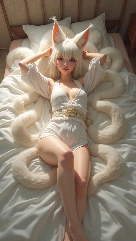 tmasterpiece,Best quality at best,8K,swim wears,White color hair,Blue eyes,A white, A viscous fluid flows in the breast,mideum breasts,2D Cat Girl,sit on a bed,Raised sexy
