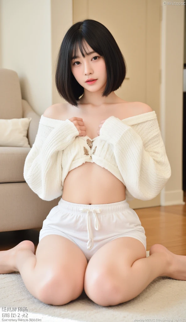 ((highest quality, 8k, Realistic skin texture: 1.3)), beauty, 1 person,Japanese Girls, ((Putting his hands behind his back)), Perfect Anatomy, Black Hair, Blunt bangs, Dull eyebrows, Braided short hair、23 years old, Face Focus, Detailed face, Highly detailed lips, Fine Eyes, Sweaty skin: 1.4,((So that you can see all the way down to your knees)),Toothy smile,Sleeping on the sofa,Luxurious thin underwear with black ribbon